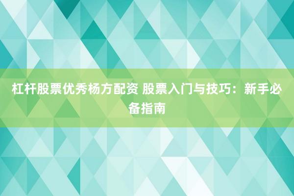 杠杆股票优秀杨方配资 股票入门与技巧：新手必备指南